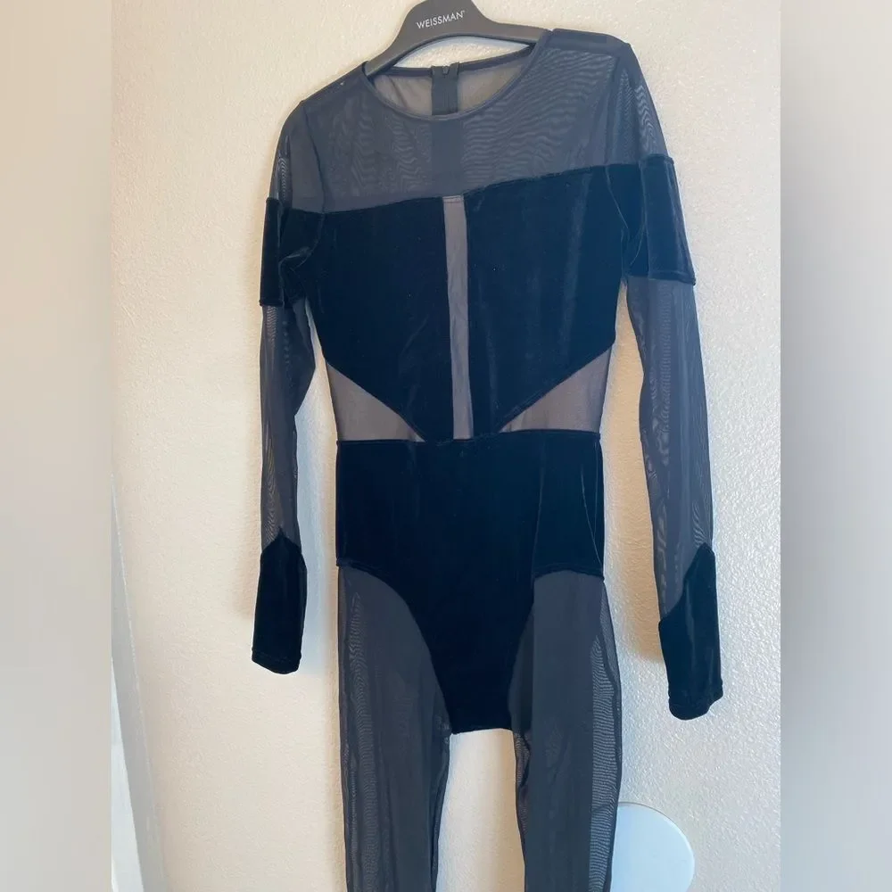 WEISSMAN Elite Dance Costume black Velvet Illusion Unitard rhinestone V12241 MA